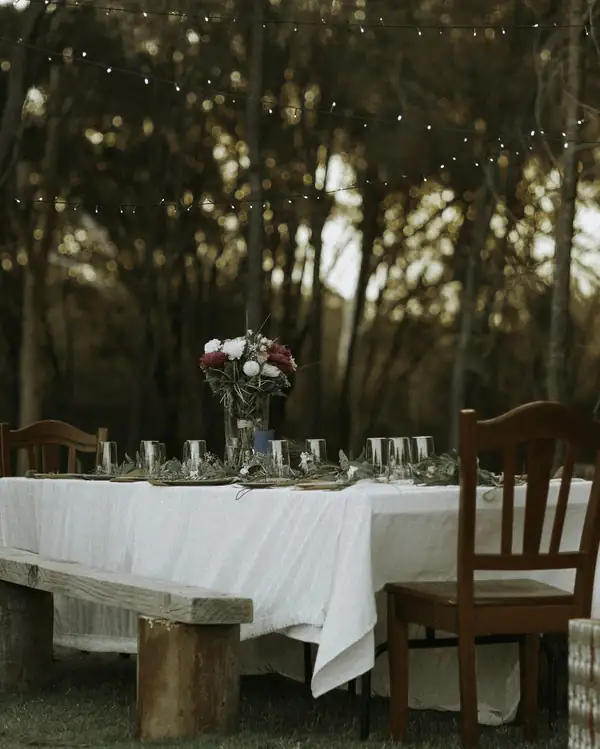 A long table laid for a meal in the woods (stock photo)